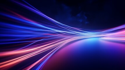 Fototapeta na wymiar A 3D render presents abstract futuristic neon background with glowing ascending lines, resembling light trails on a road at night. It offers a fantastic wallpaper option.