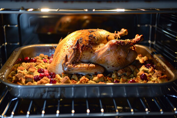A turkey resting in the oven with stuffing, cranberry sauce and gravy