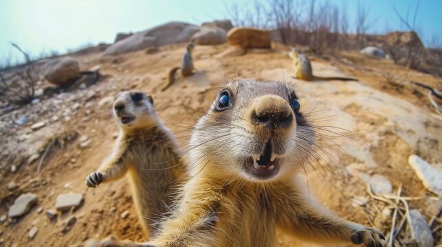 A meerkat takes selfies in the desert with meerkats