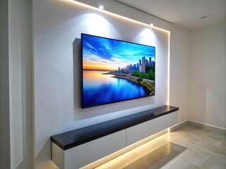 The TV is hanging right on the wall in a bright interior the view is straight generative ai