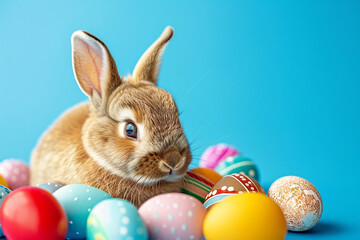 Fototapeta na wymiar Cute Fluffy Bunny Nestled Among Colorful Easter Eggs on Blue Background with Copy Space for Text Symbolizing Spring and Joyful Easter Traditions
