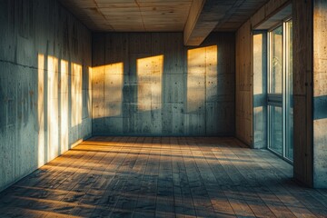 Fototapeta na wymiar Minimalist Empty Room With Wooden Floors and Windows