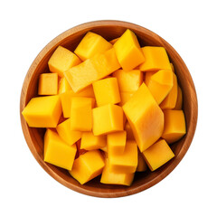 fresh mango cubes in a wooden bowl isolated on transparent or white background, png