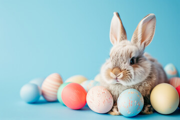 Fototapeta na wymiar Cute Fluffy Bunny Nestled Among Colorful Easter Eggs on Blue Background with Copy Space for Text Symbolizing Spring and Joyful Easter Traditions