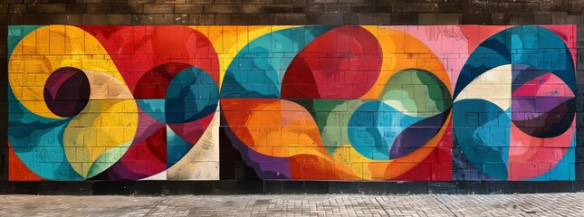 Abstract geometric mural featuring vibrant overlapping circles in a spectrum of colors on a textured wall.