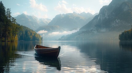 Boat Floating on Lake Surrounded by Mountains