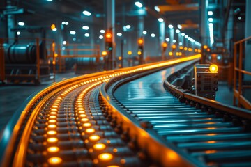 A futuristic perspective of glowing railroad tracks at night amidst industrial surroundings, exemplifying modern transport infrastructure