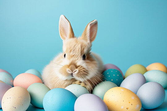 Cute Fluffy Bunny Nestled Among Colorful Easter Eggs on Blue Background with Copy Space for Text Symbolizing Spring and Joyful Easter Traditions