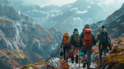 Group of Hikers Ascending Mountain
