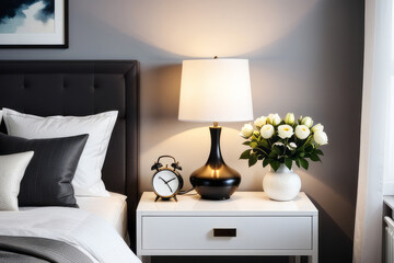 A lamp and flowers on the bedside table in the bedroom. Home interior in a modern style.