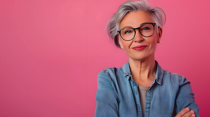 Portrait of folded arms successful business woman retired age looking empty thoughtful brainstorming isolated over pink color background