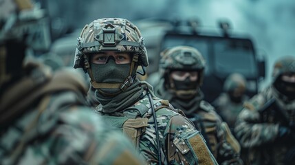 Group of Military Men in Camouflage Gear - obrazy, fototapety, plakaty