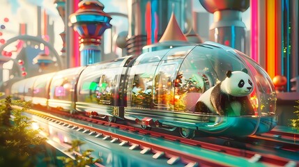 Panda in the train at the amusement park, Generative AI illustrations.