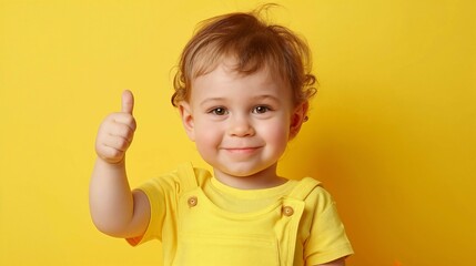 Adorable toddler with a cheerful thumbs up gesture on vibrant yellow background