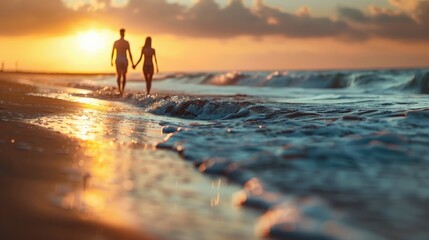 Fototapeta na wymiar Couple Walking Hand in Hand on Beach