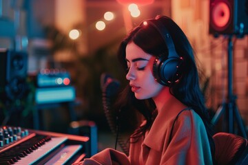 Woman With Headphones at Keyboard