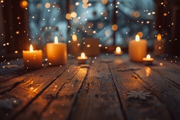 Wooden Table With Many Lit Candles