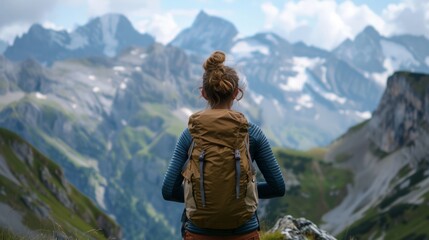 Fototapeta na wymiar Woman Standing on Mountain Top With Backpack