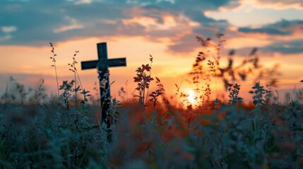 Cross in Field at Sunset