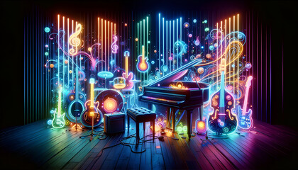 Obraz premium Neon Rhythms in the Music Studio