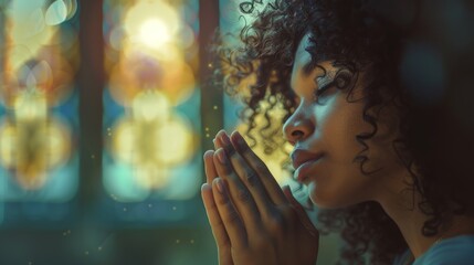 Woman Praying Before Stained Glass Window
