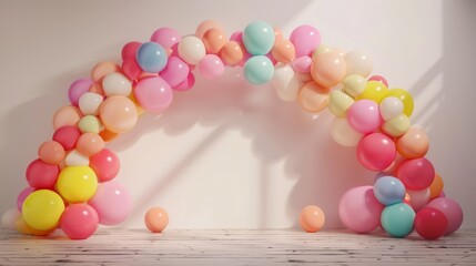 Fototapeta na wymiar Colorful Balloon Arch Against White Wall