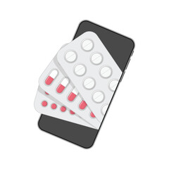 Healthcare online pharmacy concept. Smartphone with, medical supplies and pills. Buy medicaments and drugs online.