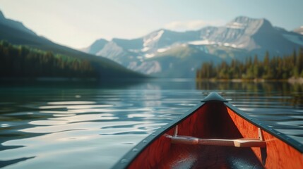 Red Canoe on Lake With Mountain Background