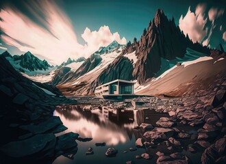 Mountain hut in the middle of the lake. 3d rendering. Generative AI. - obrazy, fototapety, plakaty