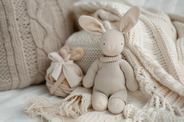 Pile of baby jersey sweaters and textile in beige pastel colors and cute bunny toy