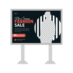 Modern fashion billboard design, template for posting, outdoor advertising on city background, photos and text.