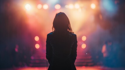 Woman Standing in Front of Stage With Lights - obrazy, fototapety, plakaty