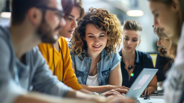 An energetic team of web developers surrounding a businesswoman, who is demonstrating a new feature on her laptop, with copy space