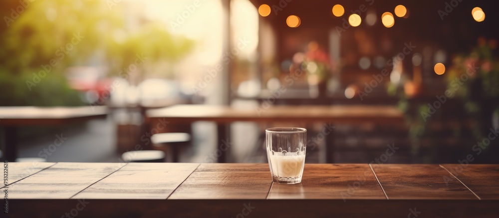 Poster blurred background of cafe with wooden table and bokeh
