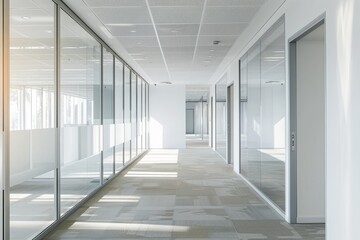 Modern Long Hallway With Glass Walls and Tiled Floor