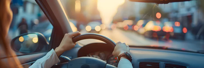 Foto op Plexiglas Confident woman driving car with hands on steering wheel in urban city street © Prasanth