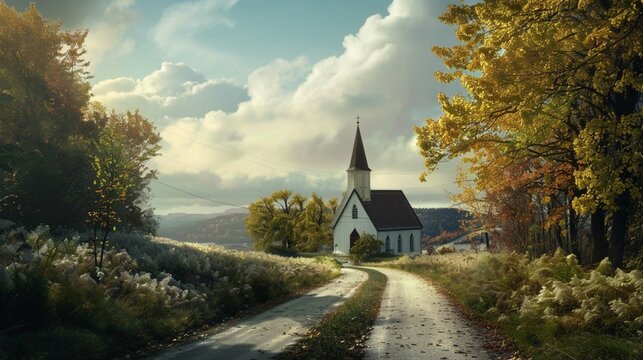 Realistic Old highway leading a small nice chruch