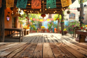wooden background for decoration around table at mexican fiesta Generative AI - obrazy, fototapety, plakaty