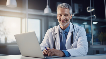 Male doctor in a lab coat sitting at a table with a laptop, likely in a medical office or laboratory setting.