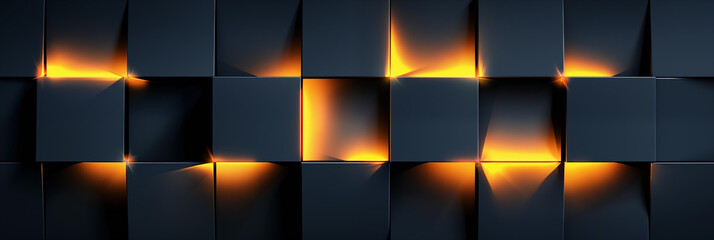 Series of blue blocks arranged in a pattern, with some blocks slightly protruding outwards. Warm, orange light emanates from the spaces between certain blocks