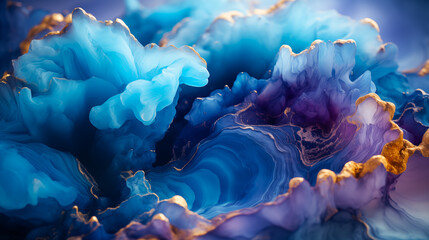 A detailed view of a substance in shades of blue and purple. Close-up of intricate and colorful layers of a geode, highlighting the natural patterns and textures in the mineral composition.