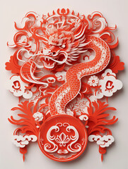 Close up of red paper cut art of Chinese dragon isolated on one side of white background with copy space, 3d paper cutting Chinese new year celebration background with space for text, greeting cards 