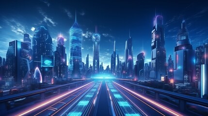 Fototapeta na wymiar A futuristic cyberpunk city scene features blue and pink light trails, capturing the essence of a sci-fi downtown at night.