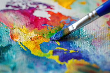 Obraz premium Paintbrush with blue paint over a multicolored world map canvas.
