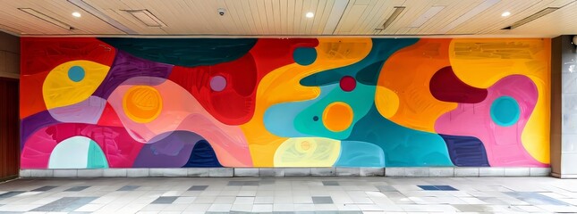 Vivid underpass mural with organic shapes and warm color palette, enhancing a pedestrian space with artistic flair.
