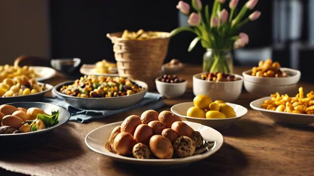 The Easter table is decorated with a variety of traditional dishes, including colored eggs, Easter cakes and fresh spring flowers in pots.
Concept: festive events about cooking, creating menus 