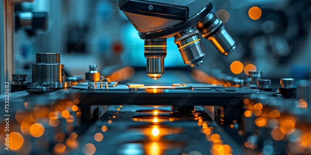 Poster close up of a microscope on a table. generative ai