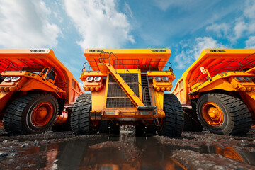 Massive Orange Industrial Mining Dump Trucks Under Clear Blue Sky