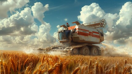Obraz premium Large Tank Driving Through Wheat Field. Generative AI