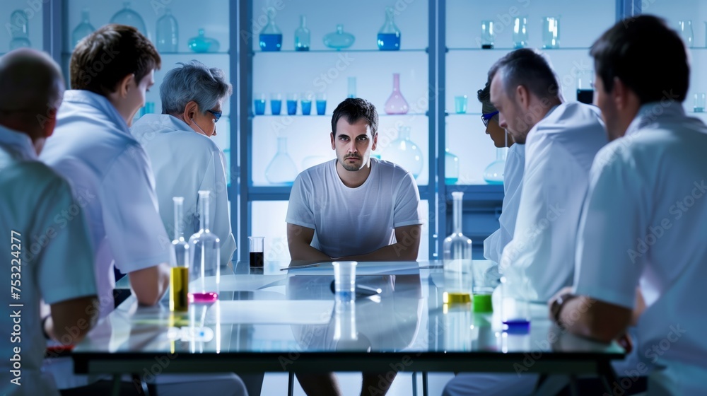 Aufkleber man sitting at table surrounded by men. generative ai